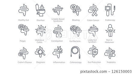 Icon set about disease and bowel pain. Line illustrations of stomach, intestine, and digestive conditions like colitis, cancer, IBS, and inflammation. Icon set about disease and bowel pain. Line illustrations of stomach, intestine, and digestive conditions like colitis, cancer, IBS, and inflammation. 126150003