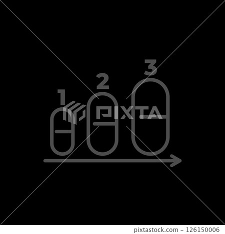 Vector icon showing three capsule pills with numbers and arrow, symbolizing phases of clinical drug trials, treatment stages, or dosage progression. Line style for medical use. 126150006