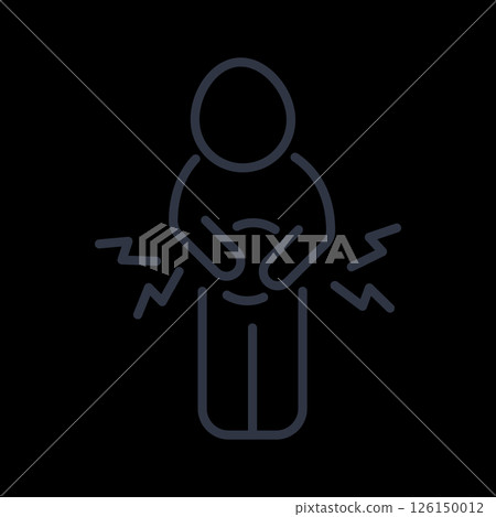 A vector line icon shows a person holding their stomach with radiating pain symbols. Represents stomach ache and abdominal discomfort. A vector line icon shows a person holding their stomach with radiating pain symbols. Represents stomach ache and abdominal discomfort. 126150012