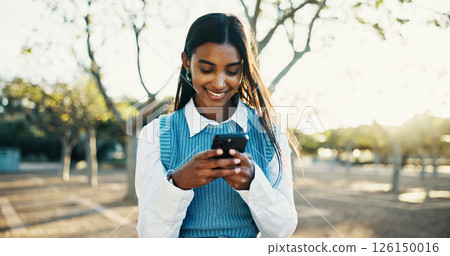 Business, smile and woman with cellphone, outdoor and message to contact, digital app and chatting. Happy person, internet or employee with smartphone, social media and communication with commute 126150016