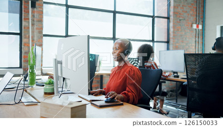 Call center, computer and woman with headset, reading and lead generation, conversation and talking. Telemarketing, agent and person with tech for sales, consultation and communication for services Call center, computer and woman with headset, reading and lead generation, conversation and talking. Telemarketing, agent and person with tech for sales, consultation and communication for services 126150033