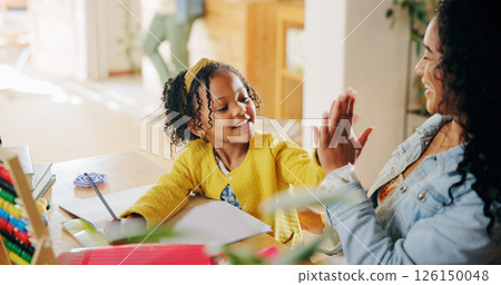 High five, mom and child in home, studying and celebration for education with abacus, happy and smile. House, student and gesture with woman for finished homework, growth and development with maths High five, mom and child in home, studying and celebration for education with abacus, happy and smile. House, student and gesture with woman for finished homework, growth and development with maths 126150048