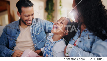 Parents, girl and tickle on sofa, happy and bonding with love, joke and relax in lounge at family house. People, mother and father with child, care and funny game with laughing in living room at home Parents, girl and tickle on sofa, happy and bonding with love, joke and relax in lounge at family house. People, mother and father with child, care and funny game with laughing in living room at home 126150052