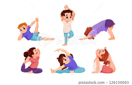 Kids Practicing Various Yoga Poses That Promote Flexibility, WellBeing, and Fun Activities Kids Practicing Various Yoga Poses That Promote Flexibility, WellBeing, and Fun Activities 126150083