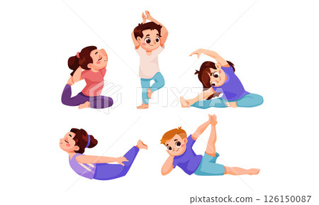 Children joyfully practice creative yoga poses together, having fun in engaging ways 126150087