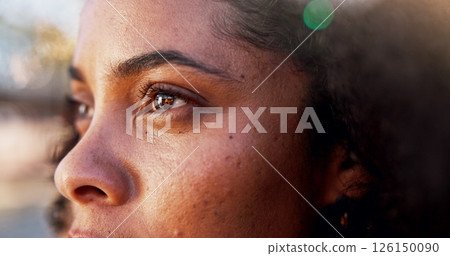 Woman, face and eyes for thinking in city, inspiration or solution with ideas, vision or mindset. Reflection, memory and remember with closeup for perspective, future and contemplating outdoor 126150090