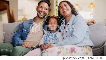 Parents, girl and happy on sofa with watching tv, portrait and relax with bonding, care and love in family home. Man, woman and child with smile in living room with laughing at funny movie in Mexico 126150100