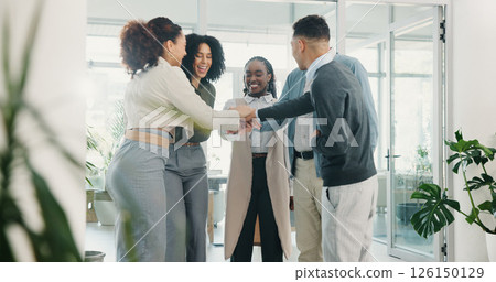 Hands, stack and business people in office, teamwork and support with company growth. Employees, consultant and group in workplace, gesture and achievement with goals, diversity and celebration 126150129
