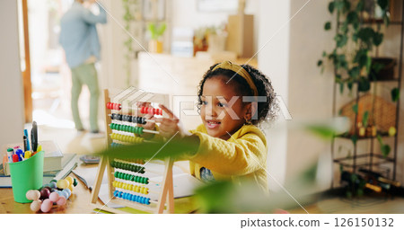 Home, learning and child with abacus, education and visual spatial skills with colorful beads or smile. Girl, growth and development of problem solving ability, numeracy or counting for math homework 126150132