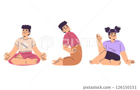 Kids yoga, modern flat style Explore our Dynamic Movement Poses Collection, ideal for engaging in various diverse activities yoga, vector illustration 126150151