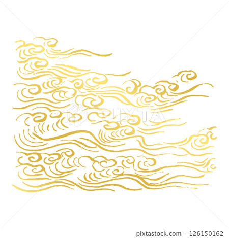 金色日式線條藝術向量插圖。墨與筆的粗獷波浪。海洋、河流和飛濺概念 126150162