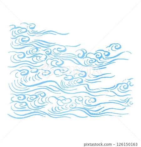 藍色日式線條藝術向量插圖。墨與筆的粗獷波浪。海洋、河流和飛濺概念 126150163