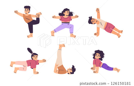Kids yoga, modern flat style Explore our Dynamic Movement Poses Collection, ideal for engaging in various diverse activities yoga, vector illustration 126150181