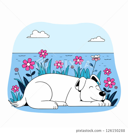 Sleeping Dog in a Flower Field 126150288