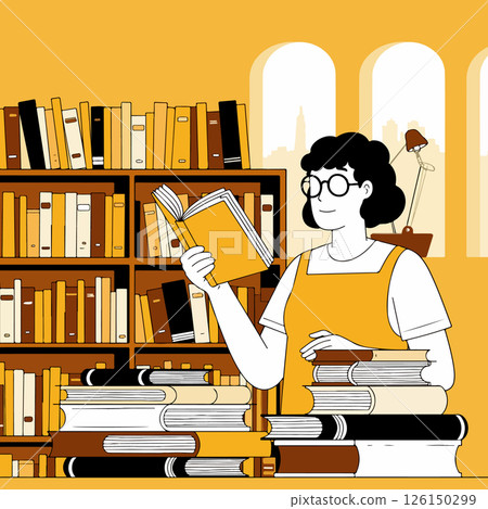 Woman Reading in a Library 126150299