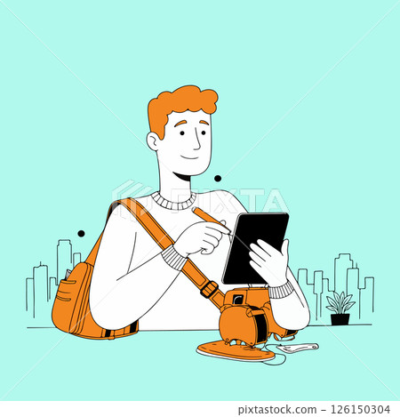Man Using Tablet with Cityscape Background 126150304