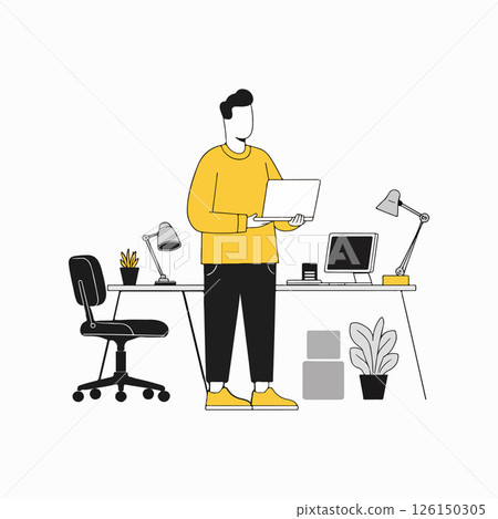 Man Standing with Laptop at Desk 126150305