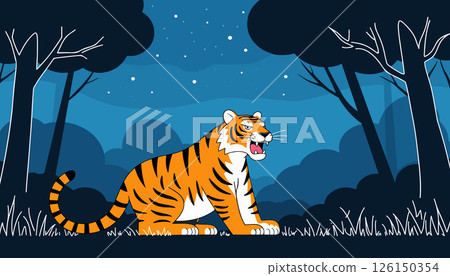 Cartoon Tiger in a Forest at Night 126150354
