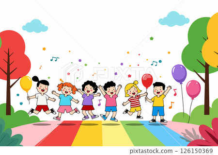 Happy Children Jumping with Balloons 126150369
