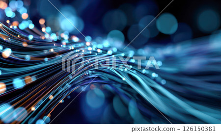 Abstract digital wave with glowing particles in a mesmerizing blue and orange color scheme 126150381