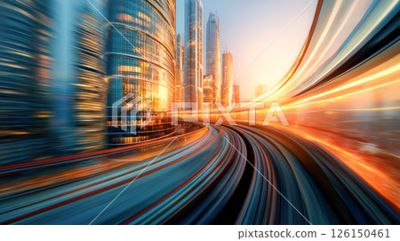 Dynamic cityscape with futuristic skyscrapers and vibrant light trails at sunset 126150461