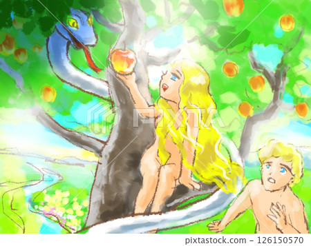 Adam and Eve and the forbidden fruit | A scene from the Book of Genesis - a biblical illustration Adam and Eve 126150570