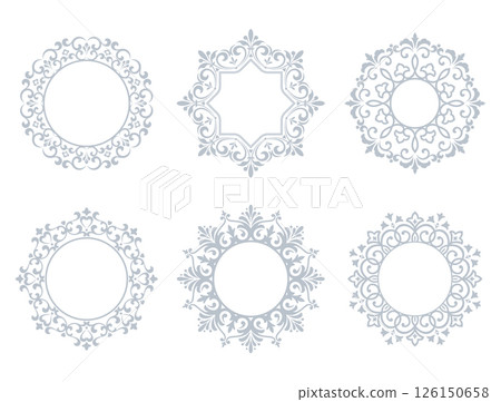 Set of decorative frames Elegant vector element for design in Eastern style, place for text. Floral gray and white borders. Lace illustration for invitations and greeting cards Set of decorative frames Elegant vector element for design in Eastern style, place for text. Floral gray and white borders. Lace illustration for invitations and greeting cards 126150658