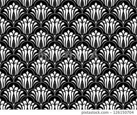 Flower geometric pattern. Seamless vector background. White and black ornament. Ornament for fabric, wallpaper, packaging. Decorative print. 126150704