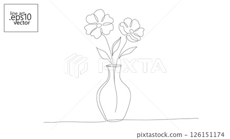 Flowers in vase line art. Continuous outline floral arrangement minimalist design. Wedding invitation decoration card print art. Simple stroke white background vector Flowers in vase line art. Continuous outline floral arrangement minimalist design. Wedding invitation decoration card print art. Simple stroke white background vector 126151174