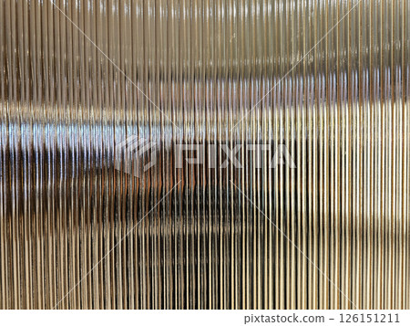 White Vertical Glass Striped Wall Background with Reflection Hallway and Gold Light Leak. White Vertical Glass Striped Wall Background with Reflection Hallway and Gold Light Leak. 126151211