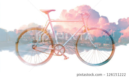 Pink bicycle overlaying cityscape with dramatic clouds at sunset Pink bicycle overlaying cityscape with dramatic clouds at sunset 126151222