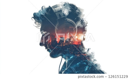 Dj listening music with city skyline double exposure Dj listening music with city skyline double exposure 126151229