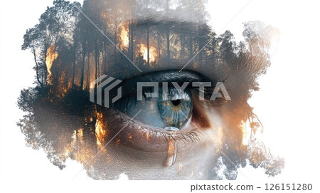 Crying eye reflecting burning forest expressing sadness and worry for the planet 126151280