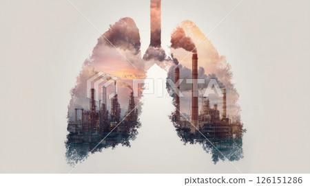 Industrial air pollution filling lungs with toxic fumes representing respiratory illness Industrial air pollution filling lungs with toxic fumes representing respiratory illness 126151286