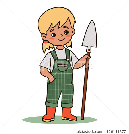 Cute beautiful girl Gardening with Shovel. Kid in overalls with tool. Hand Color drawing doodle. Vector illustration Cute beautiful girl Gardening with Shovel. Kid in overalls with tool. Hand Color drawing doodle. Vector illustration 126151877