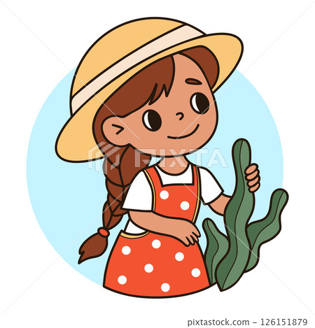 Cute girl with braid in hat. Kid Gardening farmer with plant. Colored hand drawing. Vector illustration Cute girl with braid in hat. Kid Gardening farmer with plant. Colored hand drawing. Vector illustration 126151879