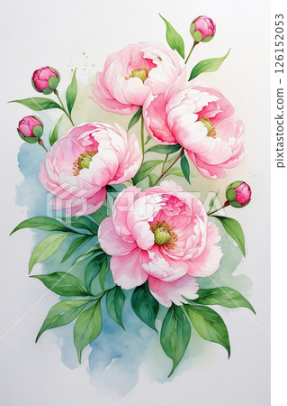 Pink blooming peonies bouquet watercolor painting AI generated image 126152053