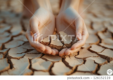 Hands holding cracked earth, symbolizing drought and environmental challenges in nature Hands holding cracked earth, symbolizing drought and environmental challenges in nature 126152119