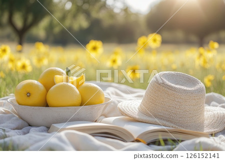 Fresh lemons in a bowl beside a straw hat and an open book on a blanket in a sunny field Fresh lemons in a bowl beside a straw hat and an open book on a blanket in a sunny field 126152141