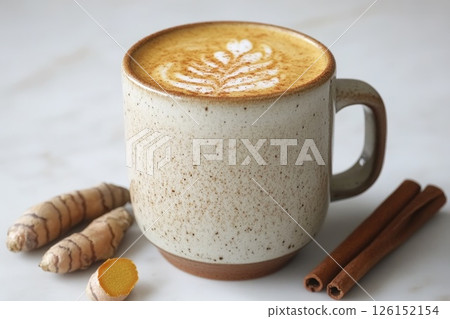 Warm turmeric latte in a speckled ceramic mug with fresh ginger and cinnamon sticks nearby Warm turmeric latte in a speckled ceramic mug with fresh ginger and cinnamon sticks nearby 126152154