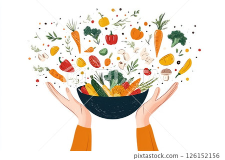Hands holding a bowl overflowing with fresh vegetables and herbs in a vibrant illustration style 126152156