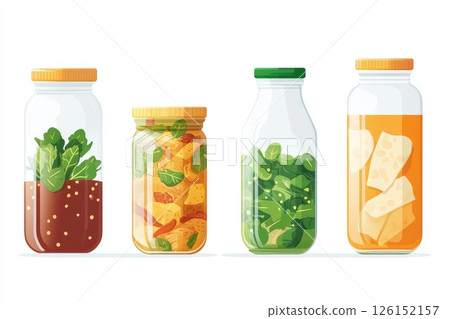 Colorful jars filled with fresh ingredients and vegetables for healthy meal preparation mock up Colorful jars filled with fresh ingredients and vegetables for healthy meal preparation mock up 126152157