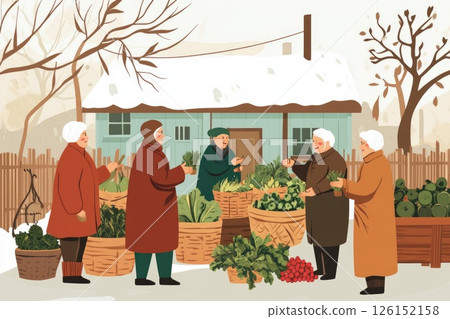 Group of elderly women engaging in conversation at a winter vegetable market with baskets Group of elderly women engaging in conversation at a winter vegetable market with baskets 126152158