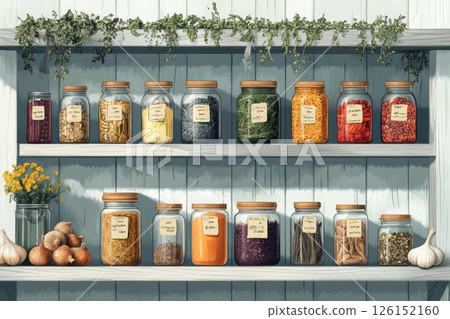 Colorful jars filled with various spices and ingredients on a rustic wooden shelf with herbs Colorful jars filled with various spices and ingredients on a rustic wooden shelf with herbs 126152160