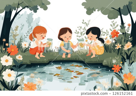 Three children enjoying a sunny day by a pond, surrounded by flowers and greenery in a vibrant illustration Three children enjoying a sunny day by a pond, surrounded by flowers and greenery in a vibrant illustration 126152161