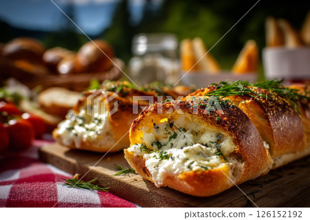 Baguette with melted cheese and herbs served on picnic table 126152192