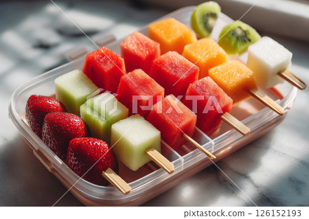 Colorful fruit skewers with watermelon, strawberries and kiwi Colorful fruit skewers with watermelon, strawberries and kiwi 126152193