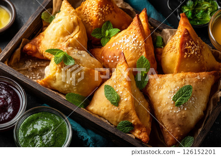 Basket of samosas with mint and colorful sauces 126152201