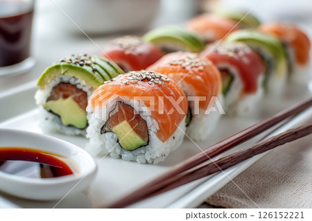 Fresh sushi rolls with salmon, avocado and sesame Fresh sushi rolls with salmon, avocado and sesame 126152221