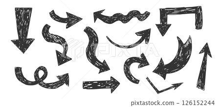 Thick arrow crayon or chalk drawing sketch grunge textured set. Different directions simple curve shape. Pencil, marker, pastel scribble 126152244